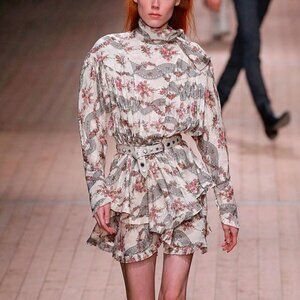 Isabel Marant Josephine White Antique Floral-Print Tie-Neck Dress